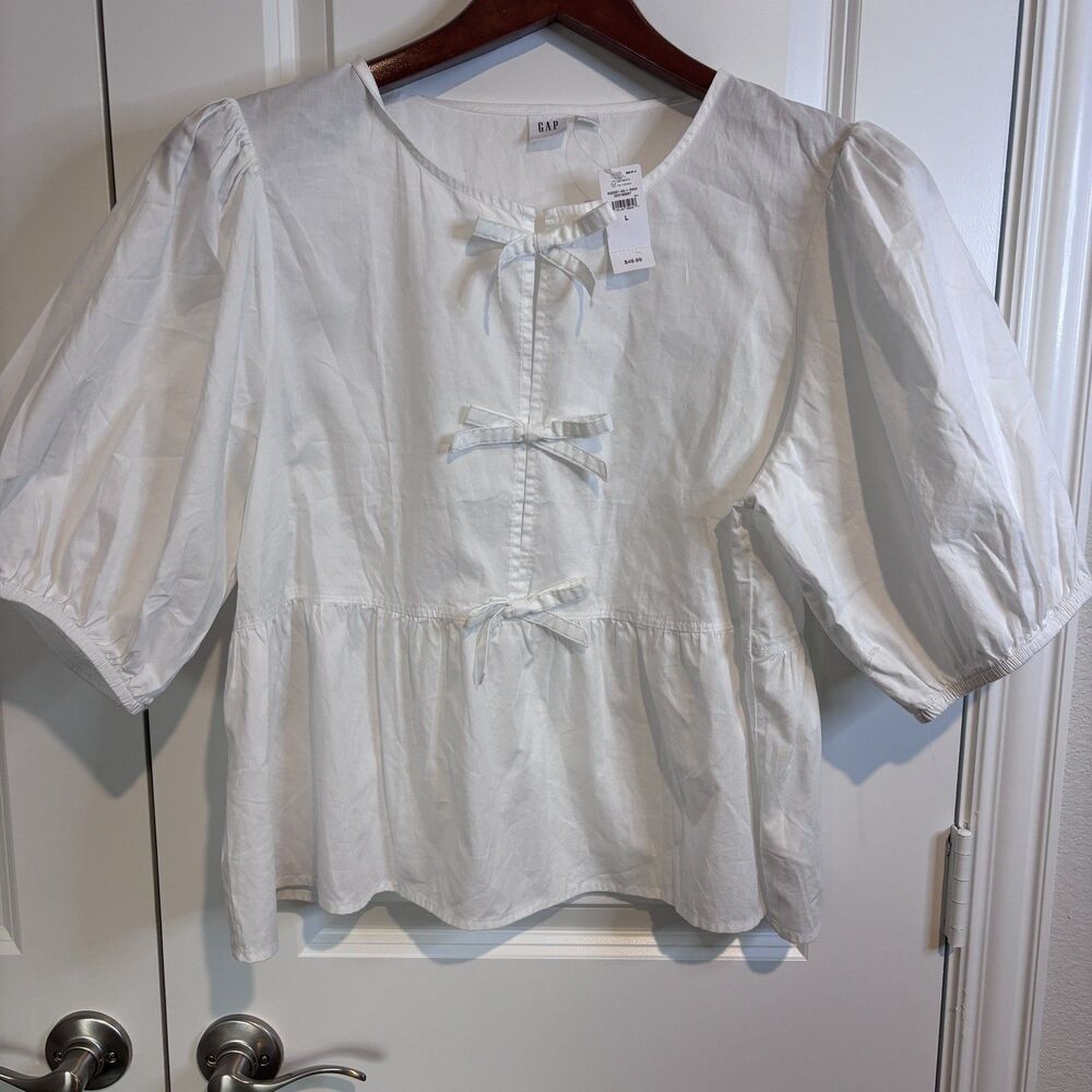 GAP White Cotton Puff Sleeve Peplum Top Front Tie Bows Coquette Cottagecore M